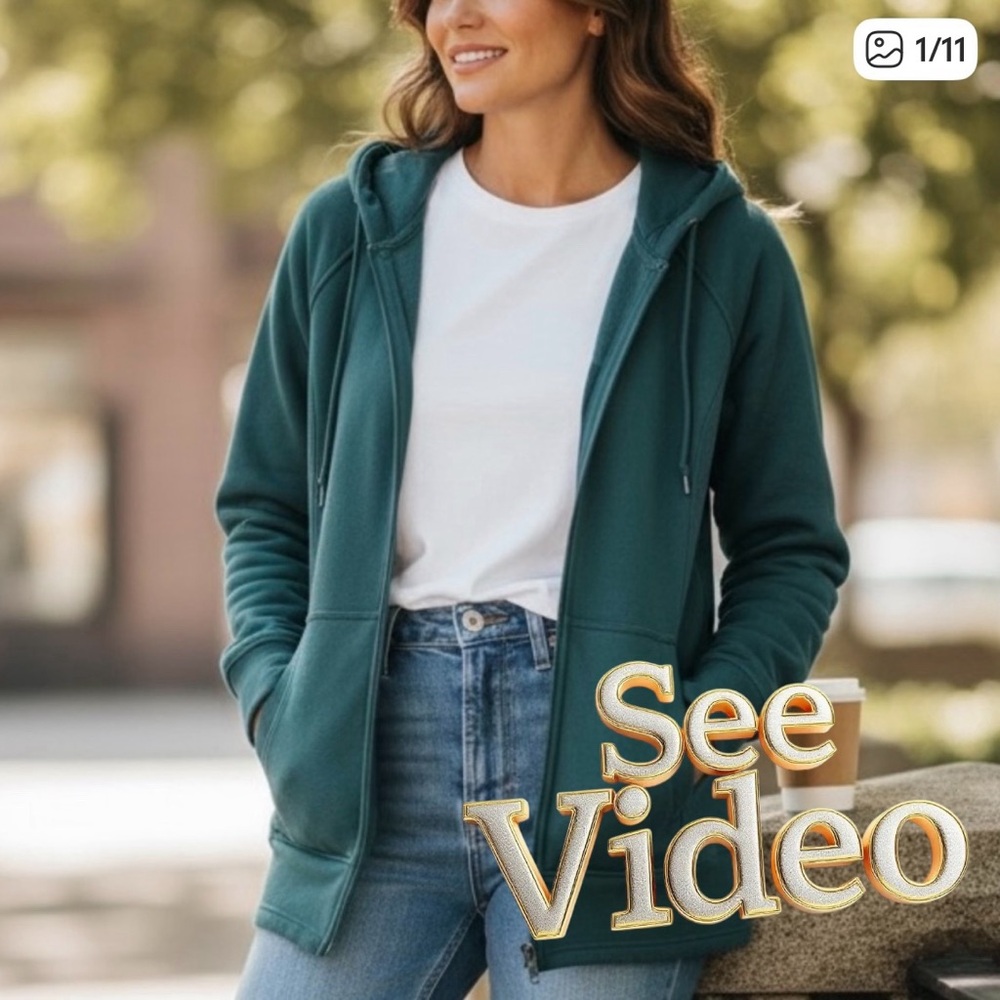 MONDETTA Full Zip, Longish Length Green Hoodie